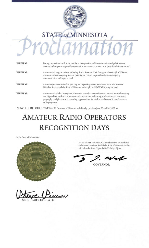 Governor Walz Amateur Radio Proclamation 2022